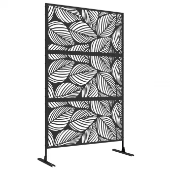 Outsunny Paravan pentru exterior cu suport si suruburi de expansiune, Separator din metal 6,5FT pentru exterior, Paravan decoratuv pentru gradina, terasa, piscina, jacuzzi, stil de frunze, Negru