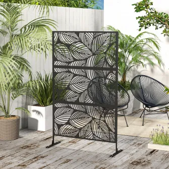Outsunny Paravan pentru exterior cu suport si suruburi de expansiune, Separator din metal 6,5FT pentru exterior, Paravan decoratuv pentru gradina, terasa, piscina, jacuzzi, stil de frunze, Negru
