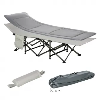 Outsunny Pat pentru Camping Pliabil cu Buzunare de Depozitare si Geanta de transport, Pat pentru Camping Capitonat si Inaltat, 188x64.5x53 cm, Gri