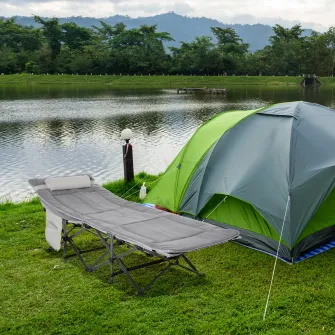 Outsunny Pat pentru Camping Pliabil cu Buzunare de Depozitare si Geanta de transport, Pat pentru Camping Capitonat si Inaltat, 188x64.5x53 cm, Gri
