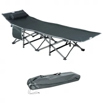 Outsunny Pat Pliabil cu Buzunare de Depozitare si Geanta pentru Transport, Pat de Camping Capitonat si Inaltat, 188x64.5x53 cm, Gri