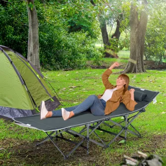 Outsunny Pat Pliabil cu Buzunare de Depozitare si Geanta pentru Transport, Pat de Camping Capitonat si Inaltat, 188x64.5x53 cm, Gri
