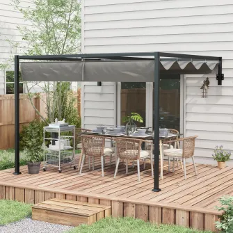 Outsunny Pergola de 3x4m Inclinata cu Acoperis Retractabil, Foisor de Gradina Montat pe Perete, Adapost de Umbra in aer Liber