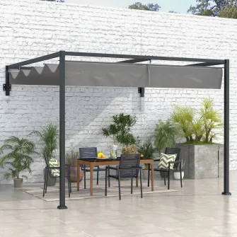 Outsunny Pergola de 3x4m Inclinata cu Acoperis Retractabil, Foisor de Gradina Montat pe Perete, Adapost de Umbra in aer Liber