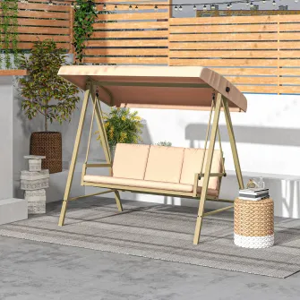 Outsunny Scaun Balansoar de Gradina cu 3 Locuri, Banca Hamac in Aer Liber cu Copertina Reglabila, Perne Detasabile si Cadru din Otel, Bej