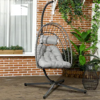 Outsunny Scaun Balansoar din ratan din PE pentru Exterior cu Perna Groasa Captusita, Scaun Suspendat cu Cos Pliabil pentru Terasa cu Suport Metalic