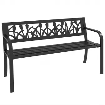 Outsunny Scaun de Terasa, Cadru Metalic pentru Camping, Scaun Dublu cu Spatar cu Model Floral, Cotiere Rezistente, pentru Gradina, Veranda, Negru