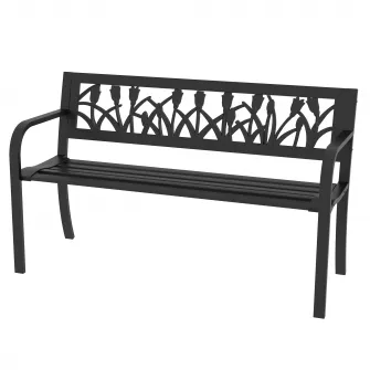 Outsunny Scaun de Terasa, Cadru Metalic pentru Camping, Scaun Dublu cu Spatar cu Model Floral, Cotiere Rezistente, pentru Gradina, Veranda, Negru