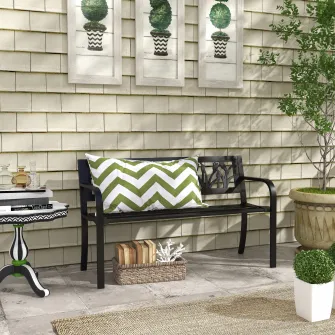 Outsunny Scaun de Terasa, Cadru Metalic pentru Camping, Scaun Dublu cu Spatar cu Model Floral, Cotiere Rezistente, pentru Gradina, Veranda, Negru