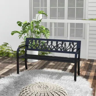 Outsunny Scaun de Terasa, Cadru Metalic pentru Camping, Scaun Dublu cu Spatar cu Model Floral, Cotiere Rezistente, pentru Gradina, Veranda, Negru