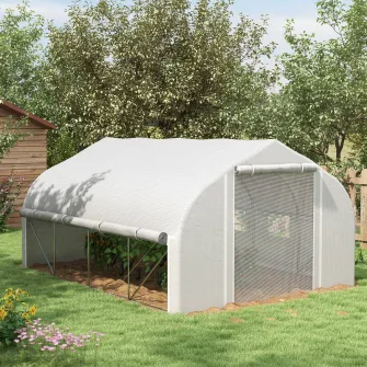 Outsunny Sera Cabina 4 x 3(m), Pereti Laterali Rulabili cu Fermoar, Usa cu Plasa, 8 Ferestre cu Plasa, Cort Tunel de Sera cu Folie PE, Etichete pentru Plante si Manusi Gratuite, Alb