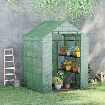 Outsunny Sera de gradina cu rafturi, protectie din PE si usa care se ruleaza, 143x138x190cm, verde