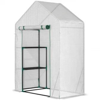 Outsunny Sera pentru Gradina pentru Exterior cu 2 Rafturi, Usa tip Rulou, 143x73x195cm, Alb