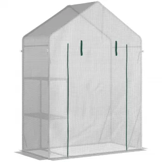 Outsunny Sera pentru Gradina pentru Exterior cu 2 Rafturi, Usa tip Rulou, 143x73x195cm, Alb