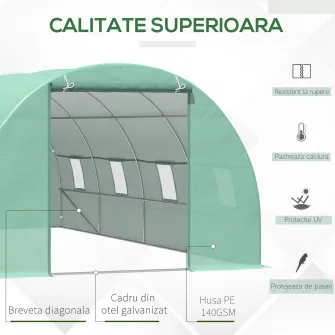 Outsunny Sera pentru plante Tunel agricol Sera de exterior din Otel si PE cu 8 ferestre 5,9 x 3 x 2 m Verde