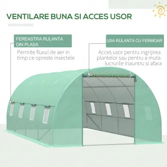 Outsunny Sera pentru plante Tunel agricol Sera de exterior din Otel si PE cu 8 ferestre 5,9 x 3 x 2 m Verde