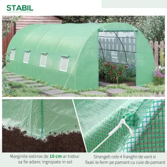 Outsunny Sera pentru plante Tunel agricol Sera de exterior din Otel si PE cu 8 ferestre 5,9 x 3 x 2 m Verde