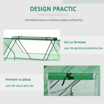 Outsunny Sera Rectangulara de Gradina din Otel cu invelis din PE, Usi rulante si Ferestre, 180x140x80cm, Verde