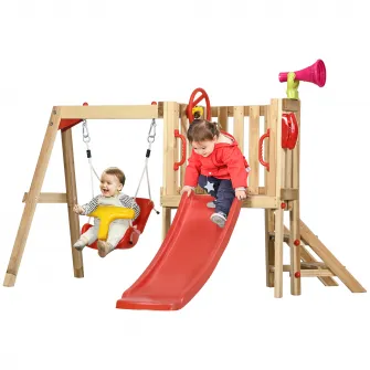 Outsunny Set de leagan si tobogan 4 in 1, Set de leagan pentru copii cu scaun de leagan, tobogan, volan, claxon, Set din lemn de leagan de gradina pentru copii 18-48 de luni, Rosu