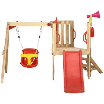 Outsunny Set de leagan si tobogan 4 in 1, Set de leagan pentru copii cu scaun de leagan, tobogan, volan, claxon, Set din lemn de leagan de gradina pentru copii 18-48 de luni, Rosu