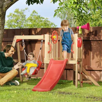 Outsunny Set de leagan si tobogan 4 in 1, Set de leagan pentru copii cu scaun de leagan, tobogan, volan, claxon, Set din lemn de leagan de gradina pentru copii 18-48 de luni, Rosu