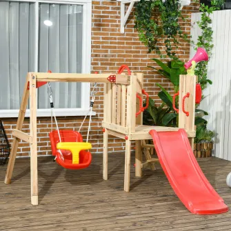 Outsunny Set de leagan si tobogan 4 in 1, Set de leagan pentru copii cu scaun de leagan, tobogan, volan, claxon, Set din lemn de leagan de gradina pentru copii 18-48 de luni, Rosu