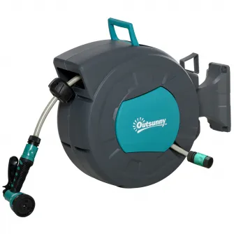 Outsunny Tambur pentru furtun cu derulare automata, montat pe perete, cu rotire la 1800, furtun de 15 m si pistol de stropit multifunctional