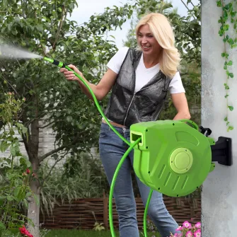 Outsunny Tambur portabil pentru furtun montat pe perete cu derulare automata 15m