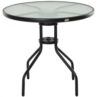 Outsunny Tavolino da Giardino con Piano in Vetro Temperato e Foro per Ombrellone Acciaio Ф80 x 72 cm Nero