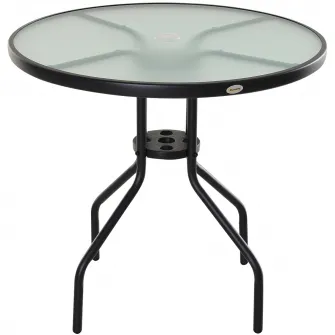 Outsunny Tavolino da Giardino con Piano in Vetro Temperato e Foro per Ombrellone Acciaio Ф80 x 72 cm Nero