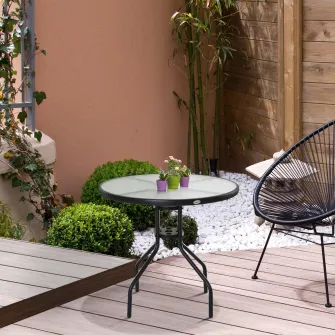 Outsunny Tavolino da Giardino con Piano in Vetro Temperato e Foro per Ombrellone Acciaio Ф80 x 72 cm Nero