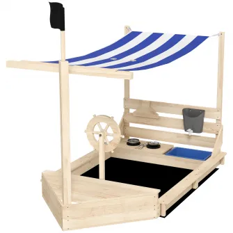 Outusunny Nisipar din lemn pentru copii, cu copertina, Lada de nisip pentru exterior cu set de joaca tip bucatarie, scaun, depozitare, pentru gradina, 180 x 103 x 144,5 cm, Finisaj de lemn natural