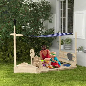 Outusunny Nisipar din lemn pentru copii, cu copertina, Lada de nisip pentru exterior cu set de joaca tip bucatarie, scaun, depozitare, pentru gradina, 180 x 103 x 144,5 cm, Finisaj de lemn natural