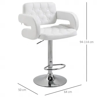 Scaun de bar rotativ Homcom, Cu cotiere, Inaltime ajustabila, Piele ecologica/Metal, 64x50x94-114cm, Alb