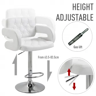 Scaun de bar rotativ Homcom, Cu cotiere, Inaltime ajustabila, Piele ecologica/Metal, 64x50x94-114cm, Alb