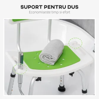 Scaun de dus HOMCOM pentru persoane in varsta, scaun de dus reglabil pe inaltime pe 6 nivele cu spatar, scaun curbat, suport pentru picioare anti-alunecare si suport pentru cap de dus, verde