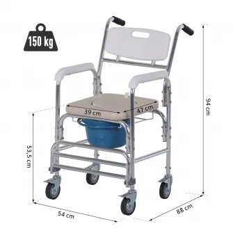 Scaun WC cu Rotile Impermeabil Homcom, Olita Detasabila pentru Batrani/Persoane cu Handicap