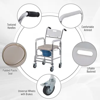 Scaun WC cu Rotile Impermeabil Homcom, Olita Detasabila pentru Batrani/Persoane cu Handicap