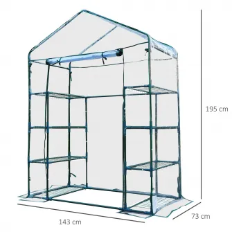 Sera dreptunghiulara, Outsunny, Otel/PVC, 8 rafturi, 143 x 73 x 195 cm, Verde/Transparent