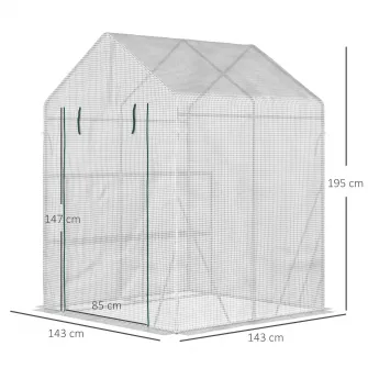 Sera plante, Outsunny, Otel/PE, 2 rafturi, Usa rulanta, 143 x 143 x 195 cm, Alb