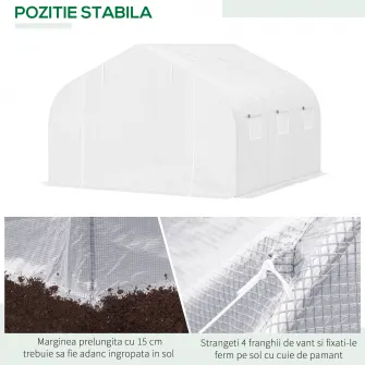 Sera tunel din PE Outsunny cu tevi de fier, 450 x 300 x 200 cm, alb
