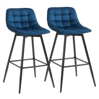 Set 2 Scaune de Bar HOMCOM Captusite Stil Nordic Catifea Albastru