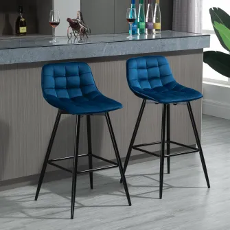 Set 2 Scaune de Bar HOMCOM Captusite Stil Nordic Catifea Albastru