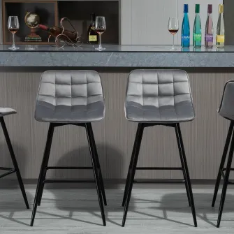 Set 2 Scaune de Bar HOMCOM Captusite Stil Nordic Catifea, Gri