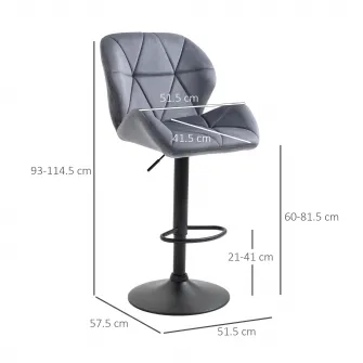 Set 2 scaune de bar Homcom, Pivotante, Inaltime ajustabila, Poliester/Otel, 51.5x57.5x93-114.5cm, Gri