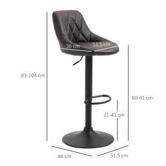 Set 2 scaune de bar Homcom, Rotative, Inaltime ajustabila, Piele ecologica/Metal, 51.5x48x83-104cm, Maro/Negru