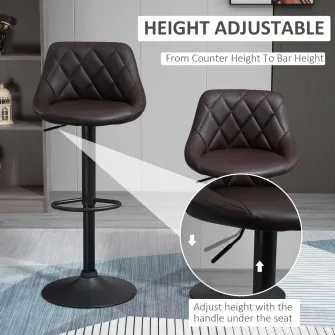 Set 2 scaune de bar Homcom, Rotative, Inaltime ajustabila, Piele ecologica/Metal, 51.5x48x83-104cm, Maro/Negru