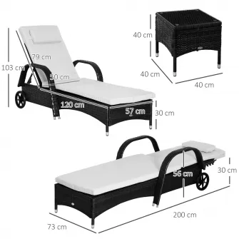 Set 2 Sezlonguri in Rattan cu Saltea Captusita si Masuta, Negru