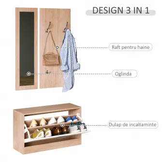 Set 3 Piese Dulap Pantofi, Cuier, Oglinda 80x27x46.5cm lemn-alb