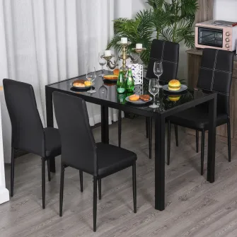 Set 4x scaune cu masa, Homcom, Metal/Sticla, 120x70x75 cm, Negru